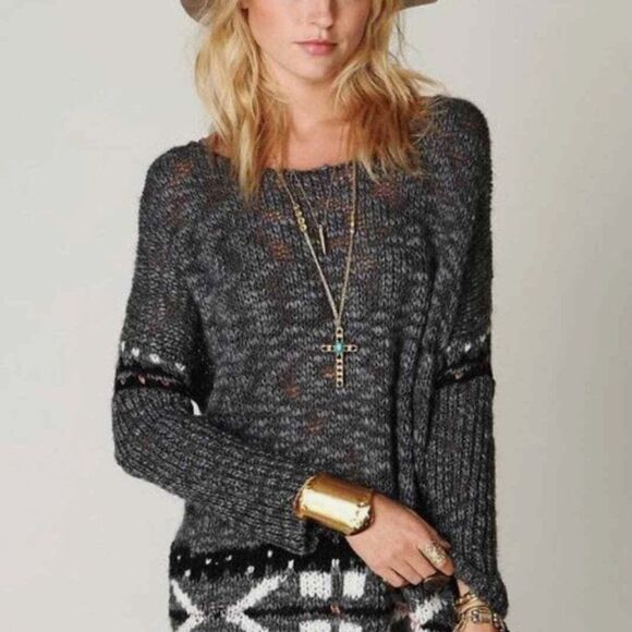Free People Sweaters - FREE PEOPLE Grey Open Weave 'Fair Isle' Chunky Oversized Sweater, Size M